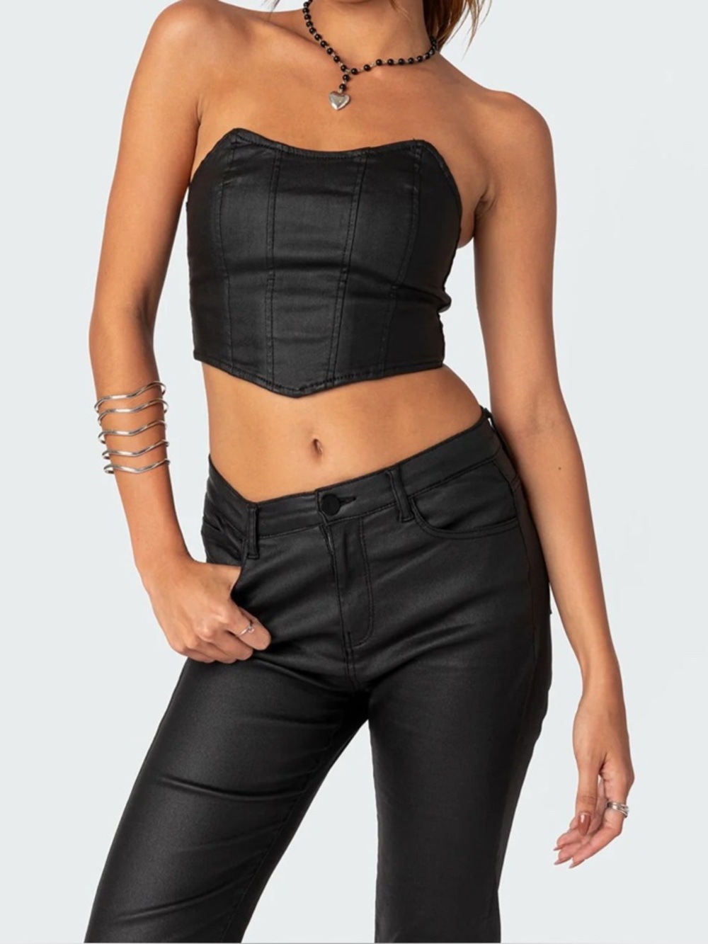 Edikted. Black Faux Leather Corset Crop Top in Medium